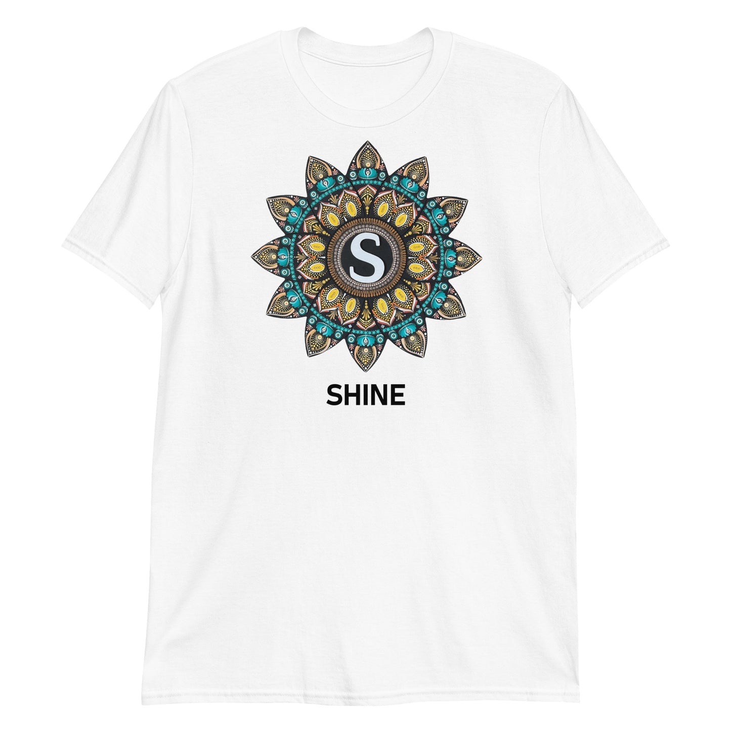 Unisex Softstyle T-Shirt (mandala with "S" in core | on front | SHINE in black lettering)