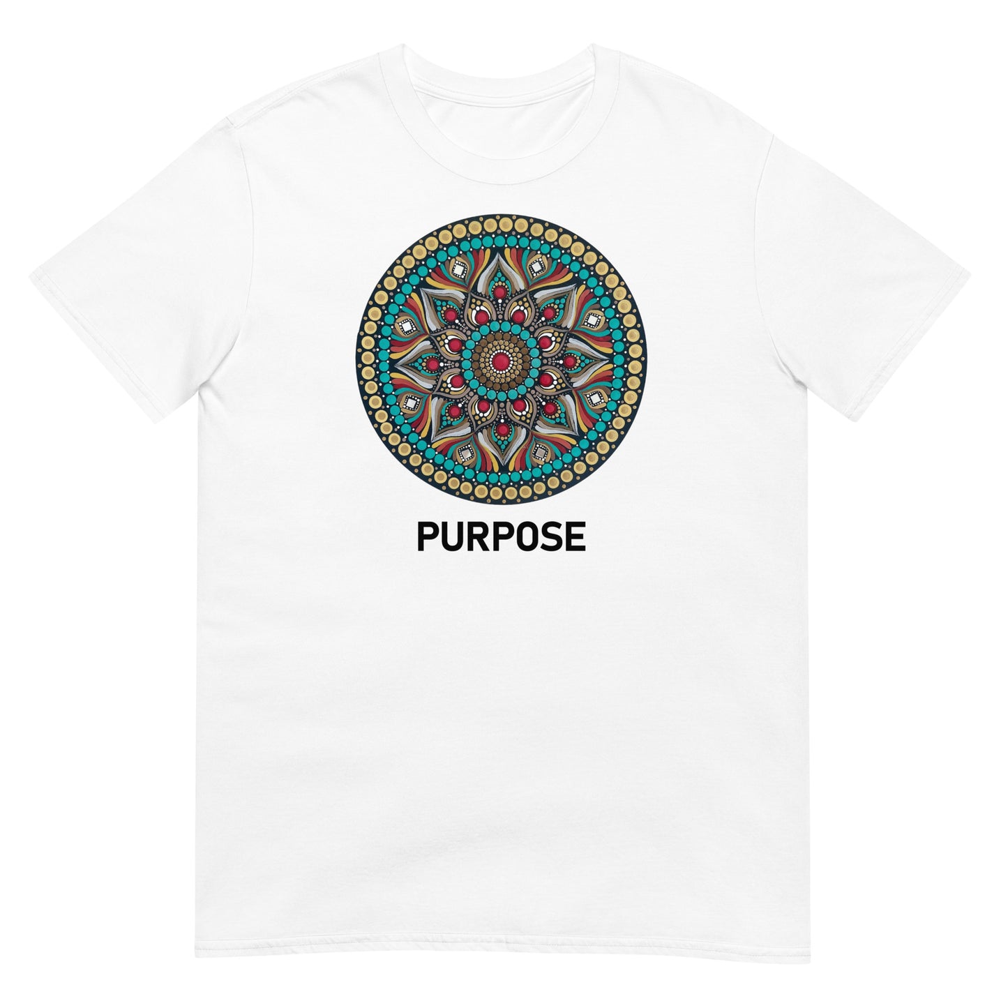 Unisex Softstyle T-Shirt (mandala with red core | on front | PURPOSE in black lettering)
