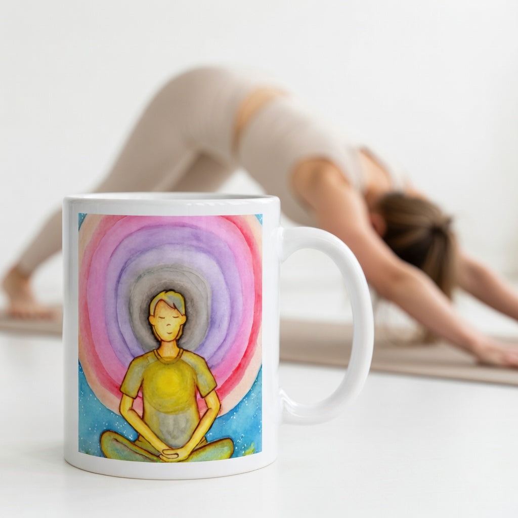 Young man surrounded by vibrant multi-colored aura, representing energy fields and spiritual awareness, colorful meditation artwork printed on a coffee mug. The mug is in front of a woman doing the yoga posture downward facing dog.