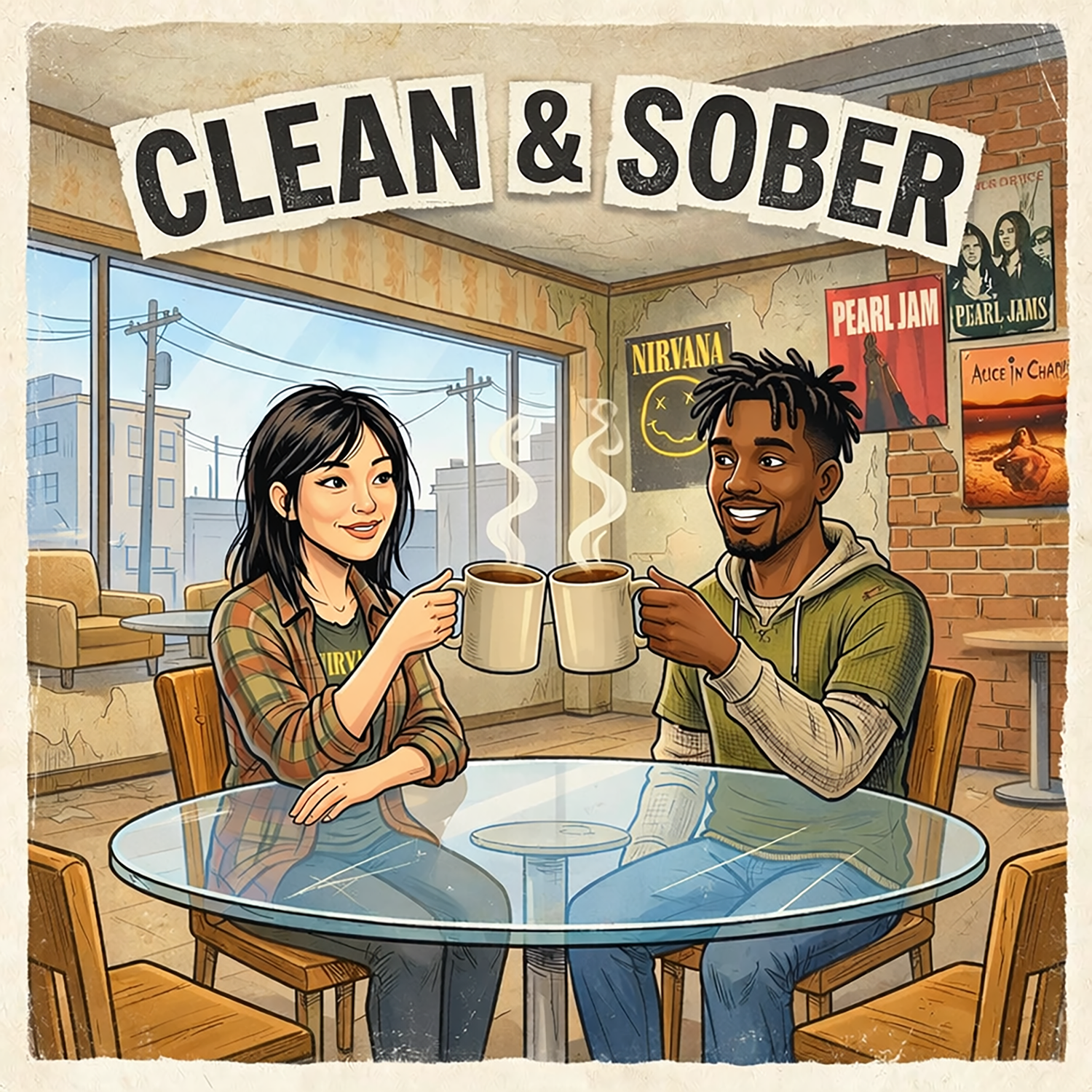 A couple toasting their coffee mugs celebrating their sobriety.