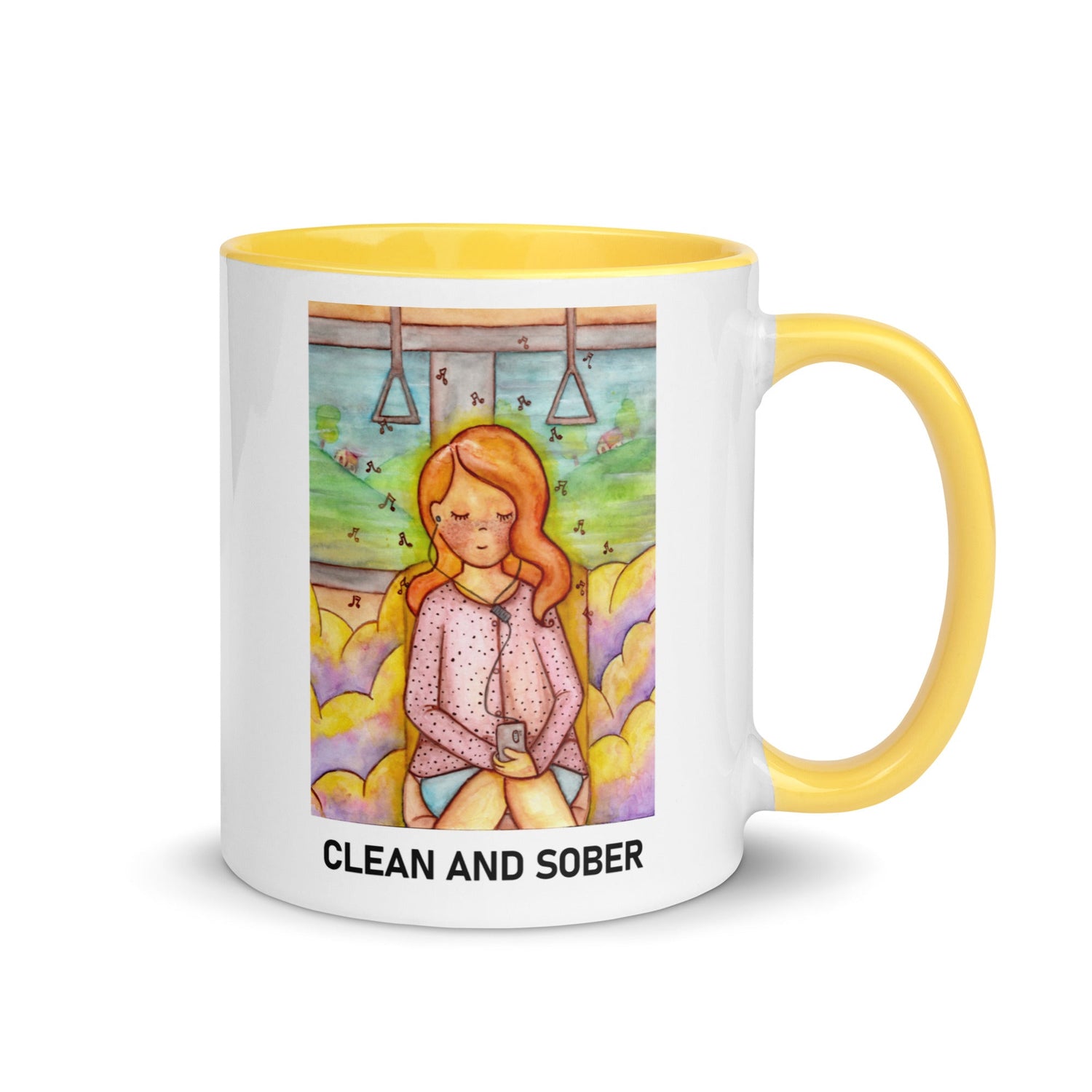 This is a young woman in recovery who is meditating while sitting on the bus. It includes the slogan "Clean and Sober"