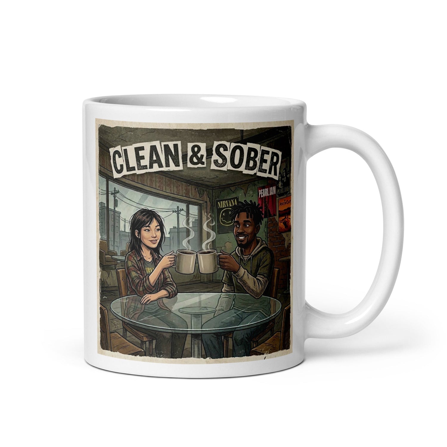 A couple toasting their coffee mugs celebrating their sobriety.