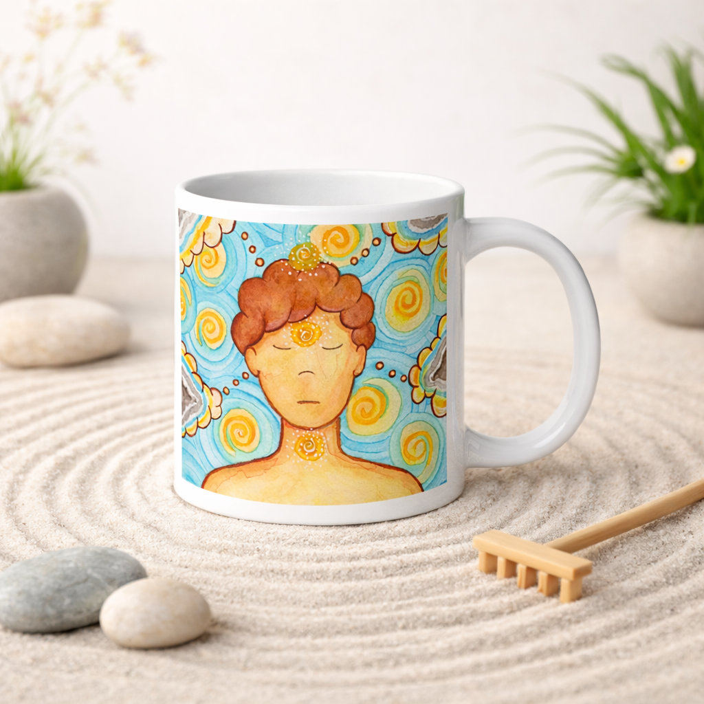 Man meditating with glowing throat, brow and crown chakras, symbolizing communication, intuition and spiritual connection, chakra artwork on a coffee mug.  The mug is in a beautifully raked zen garden with bushes and plants behind it.