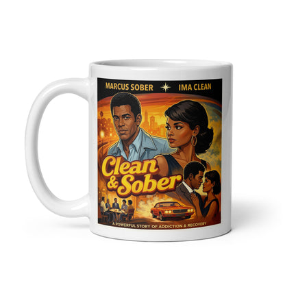 Vintage 1970s themed movie poster illustration featuring a couple in a dramatic city setting beneath the words “Clean & Sober,” with retro cars, warm cinematic colors, and recovery-themed imagery.