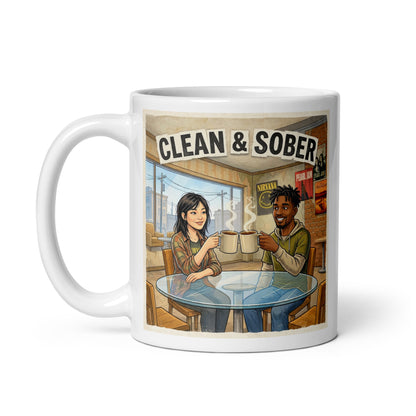 Mug with illustration of two people at a coffee shop counter with 'Clean & Sober' sign. First things First.