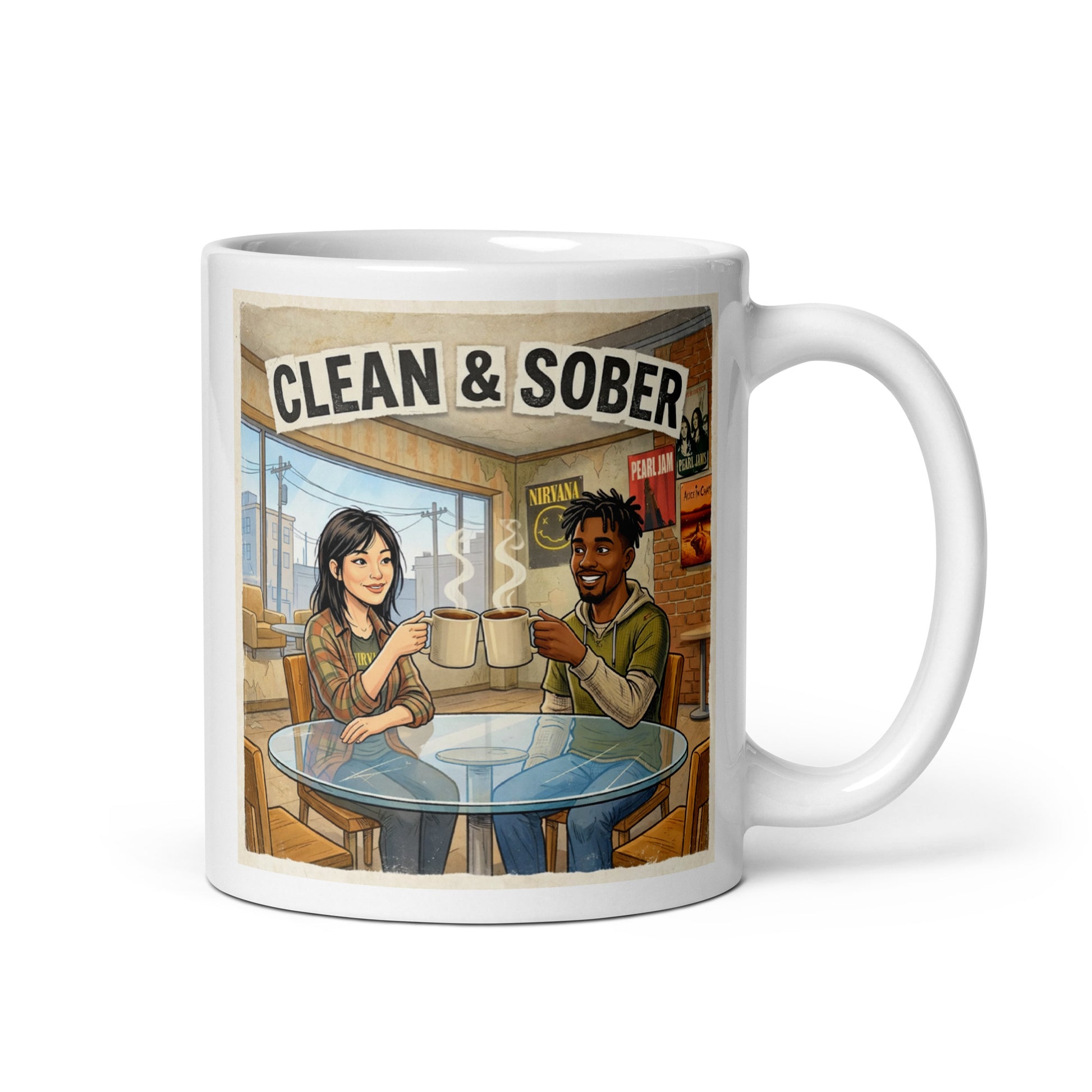 Mug with illustration of two people sitting at a table with coffee cups, and 'Clean & Sober' sign above.