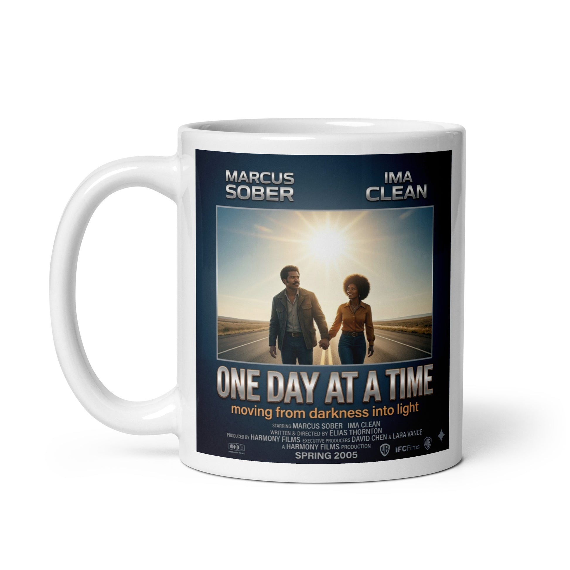 Mug with 'One Day at a Time' movie poster design featuring two people holding hands on a road. From darkness to light.