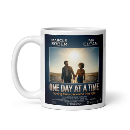 Mug with 'One Day at a Time' movie poster design featuring two people holding hands on a road. From darkness to light.