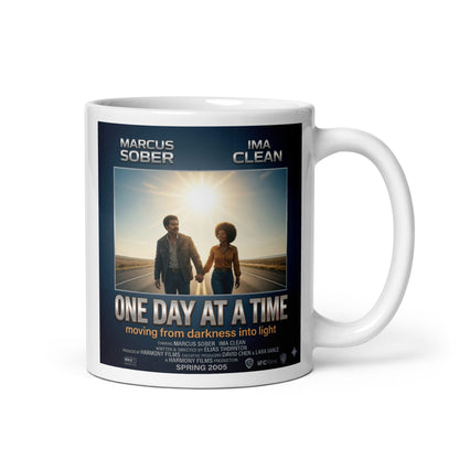 Mug with 'One Day at a Time' movie poster design featuring two people on a road.