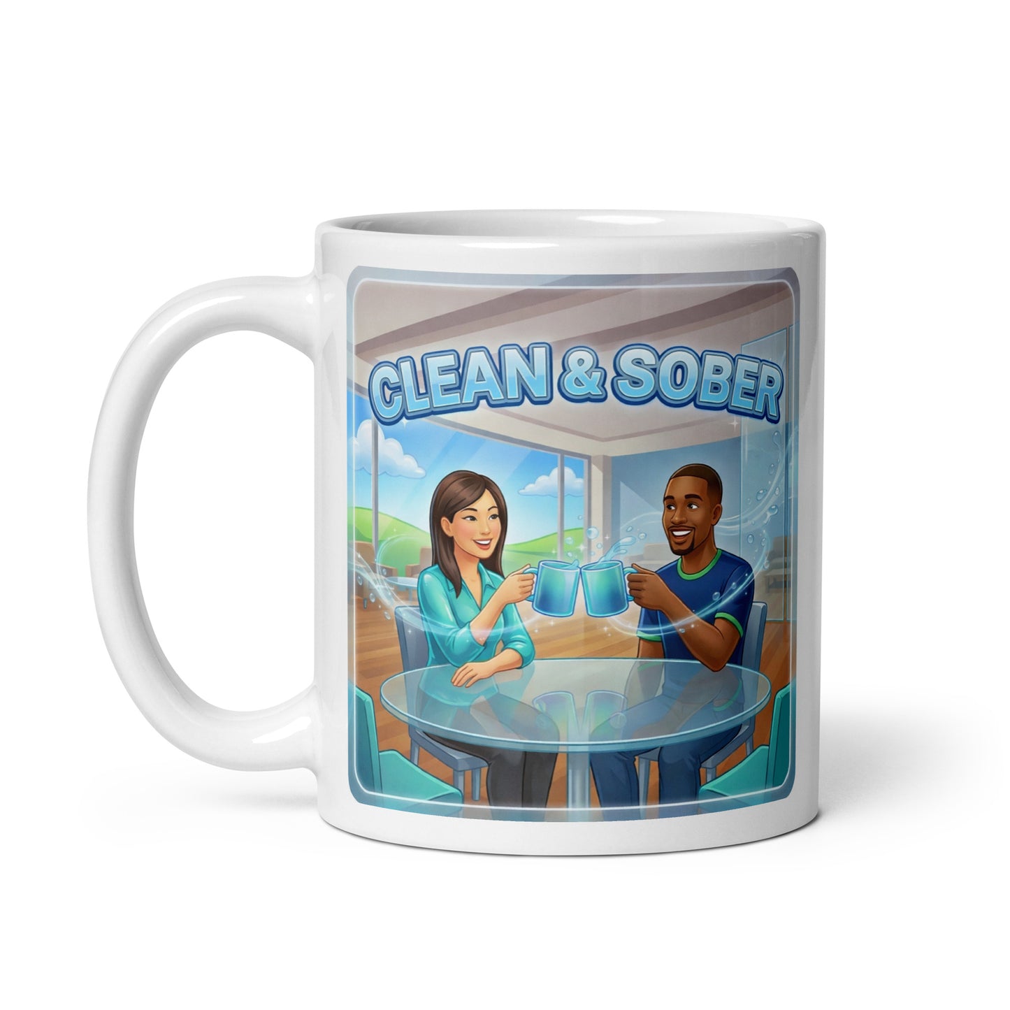 Mug with illustration of two people at a table with 'Clean & Sober' text above them.