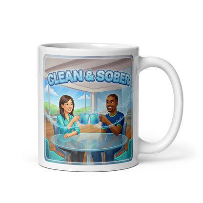 Mug with illustration of two people at a table with 'Clean & Sober' text. Diner scene.