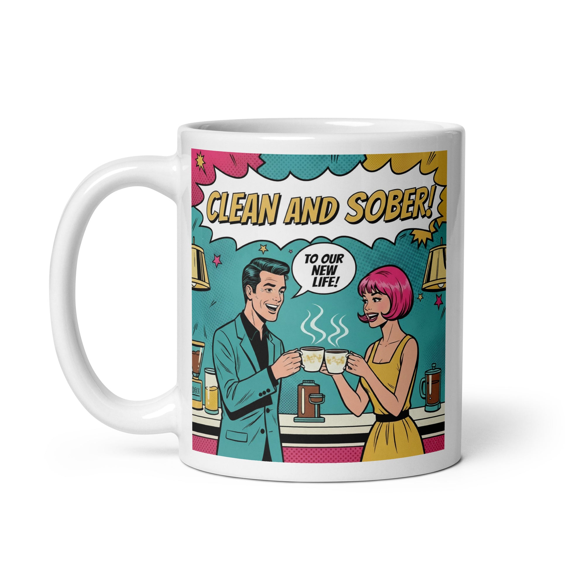 Retro 60's pop art illustration of a clean and sober couple celebrating with coffee mugs in a colorful comic-style kitchen scene with the phrase “Clean and Sober!” and “To Our New Life!”