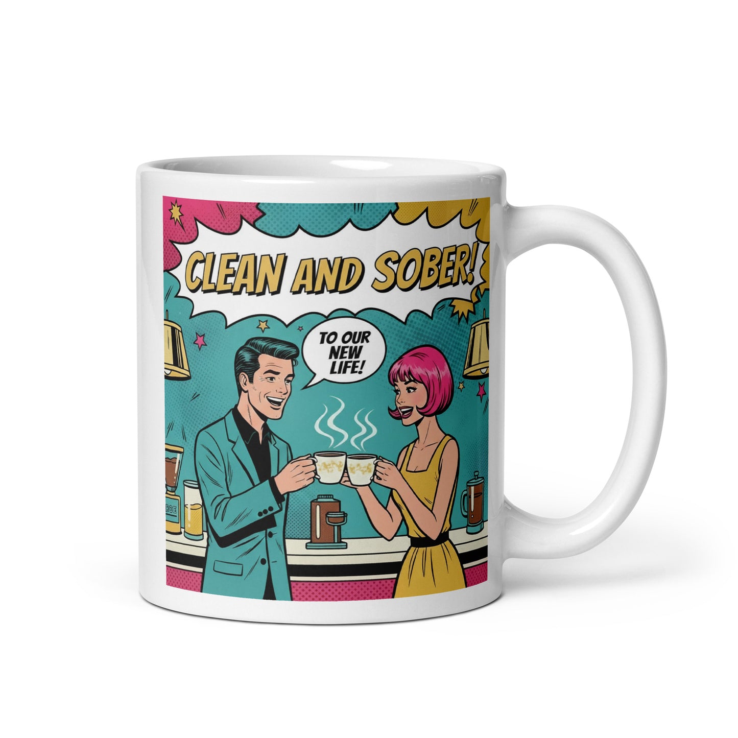 Vintage 1960s pop art illustration of a clean and sober couple celebrating with coffee mugs in a colorful comic-style kitchen scene with the phrase “Clean and Sober!” and “To Our New Life!”