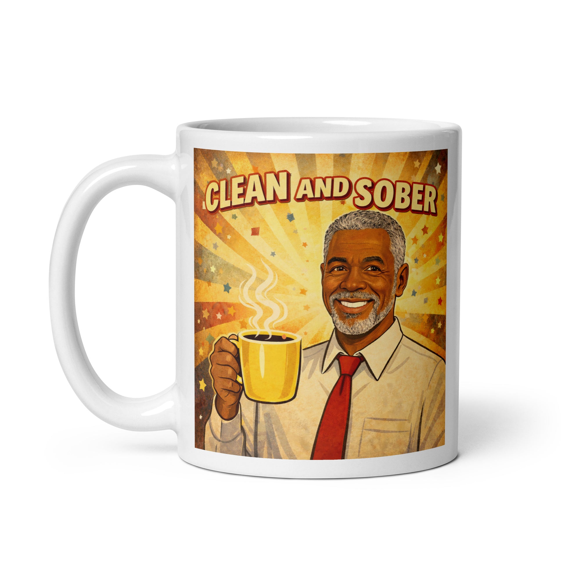 Mug with a graphic of a man holding a coffee cup and the text 'Clean and Sober' on a white background. Yellow and orange.