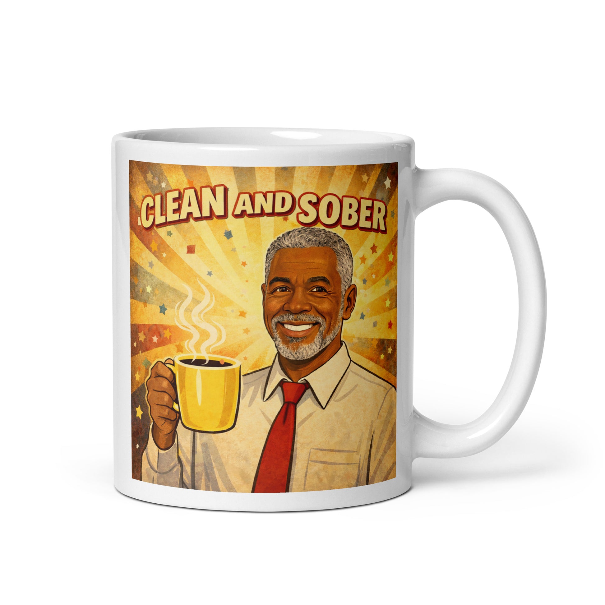 Mug with a graphic of a man holding a coffee cup and the text 'Clean and Sober' on a white background.