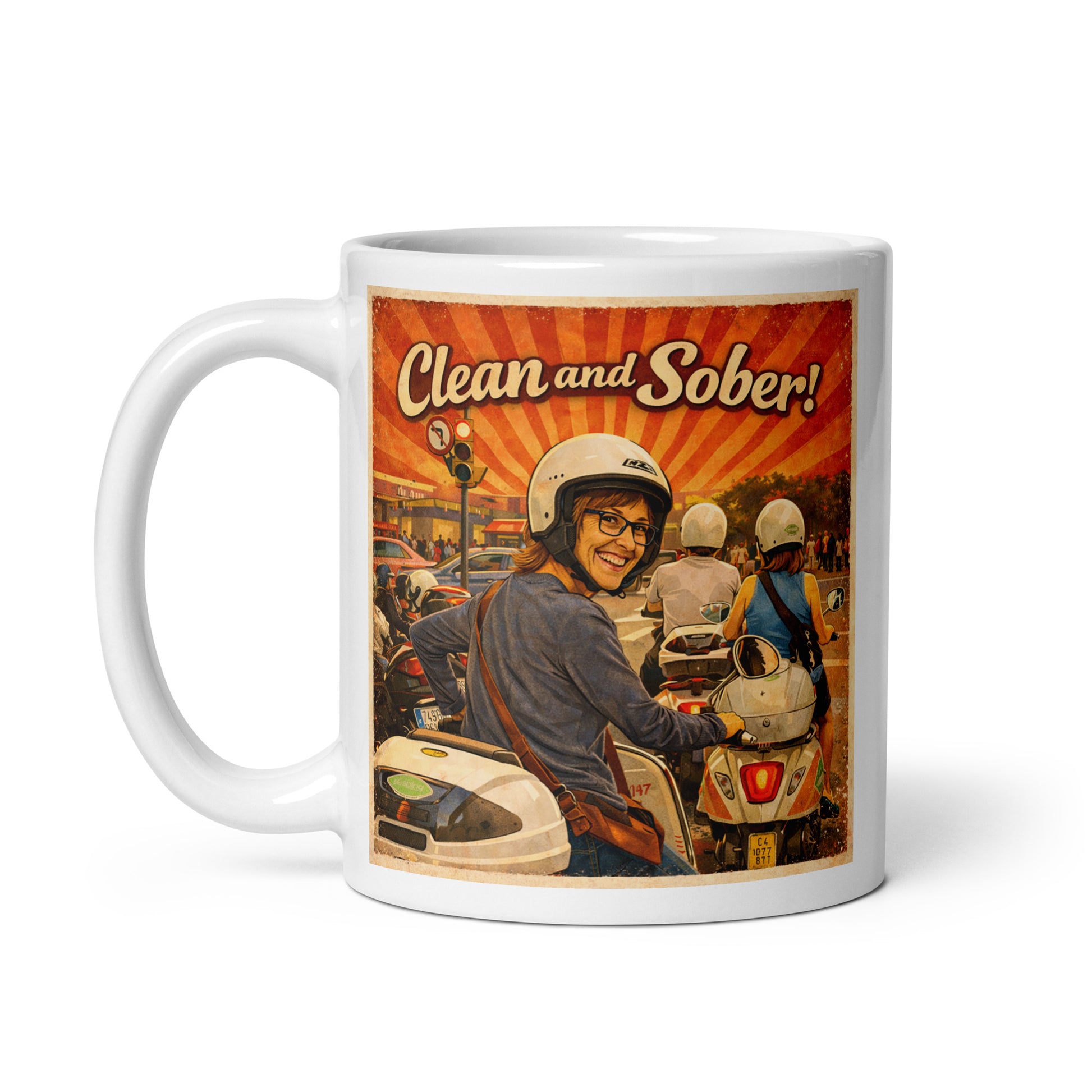 Mug with a design of a person on a motorcycle and text 'Clean and Sober!' on a white background. Vespa in Spain.