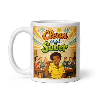 Mug with 'Clean and Sober' design featuring a cartoon illustration of a woman in a yellow shirt sitting at a table with others. AA celebration.