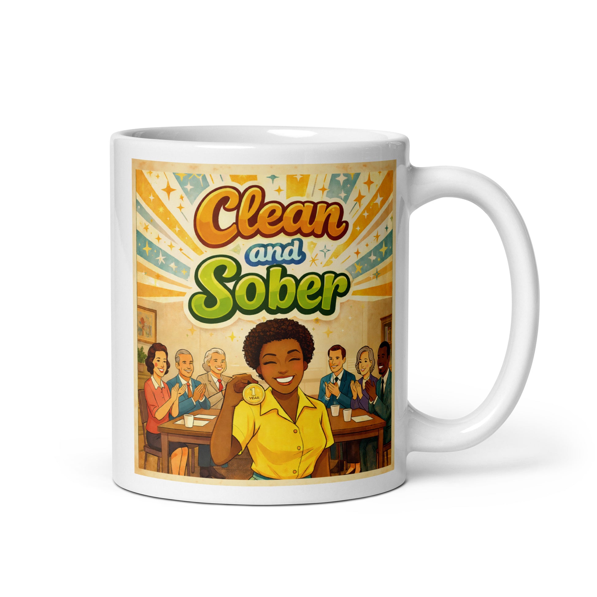 Mug with 'Clean and Sober' graphic and illustration of people at an AA meeting.