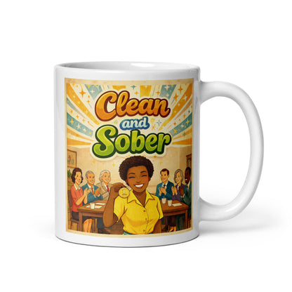 Mug with 'Clean and Sober' graphic and illustration of people at an AA meeting.