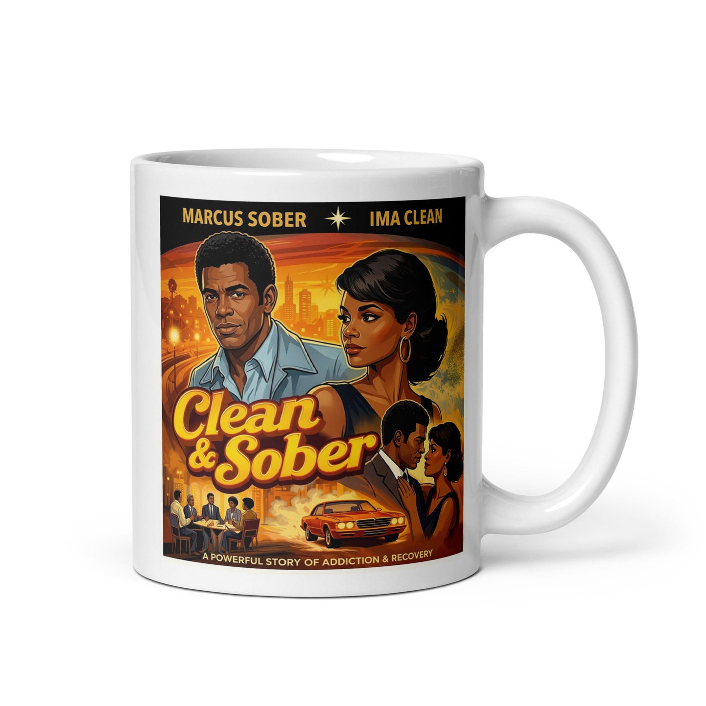 Retro 1970s-style movie poster illustration featuring a couple in a dramatic city setting beneath the words “Clean & Sober,” with retro cars, warm cinematic colors, and recovery-themed imagery.
