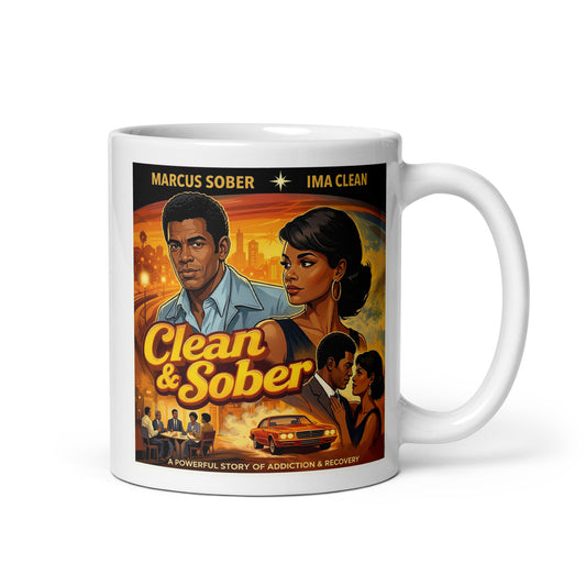 Retro 1970s-style movie poster illustration featuring a couple in a dramatic city setting beneath the words “Clean & Sober,” with retro cars, warm cinematic colors, and recovery-themed imagery.