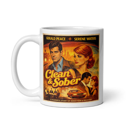 Mug with a movie poster design featuring a couple and text about addiction and recovery. 1970s themed.