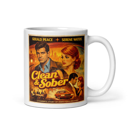 Mug with a movie poster design featuring two main characters and text about addiction and recovery.