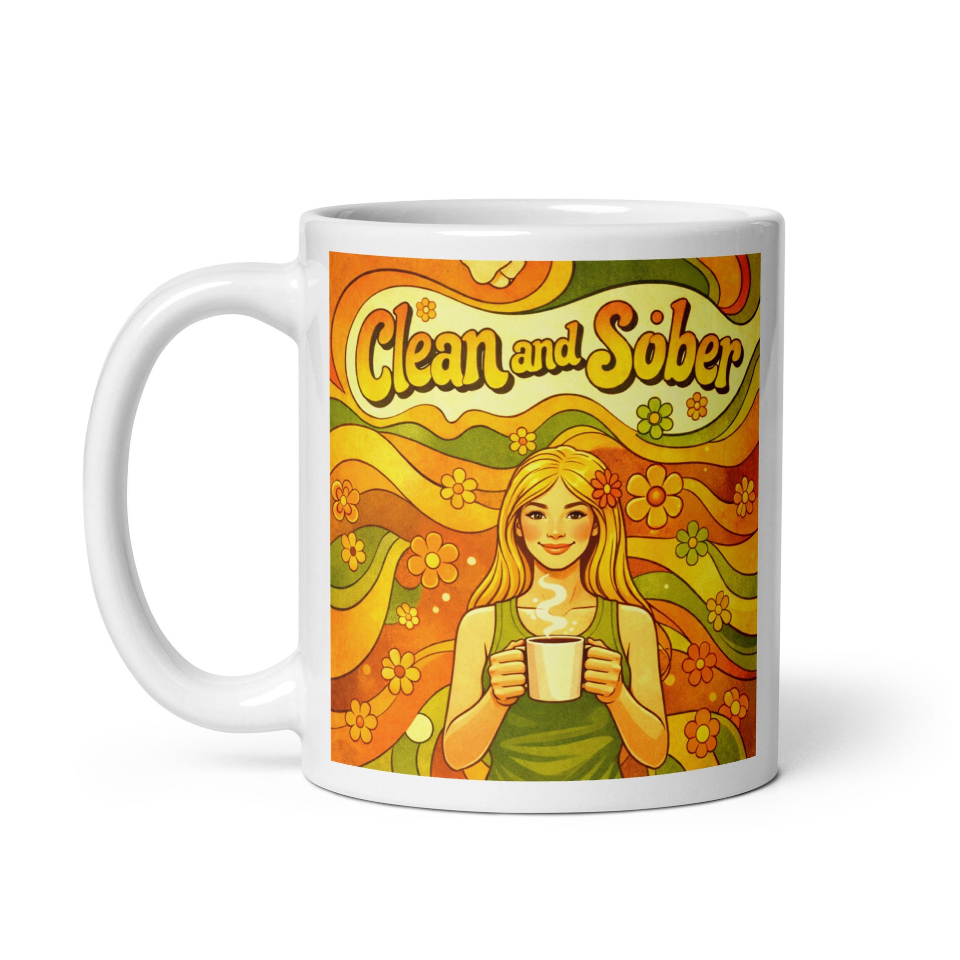 Mug with a colorful design featuring a woman holding a cup and the text 'Clean and Sober' on a white background. Flower Power.