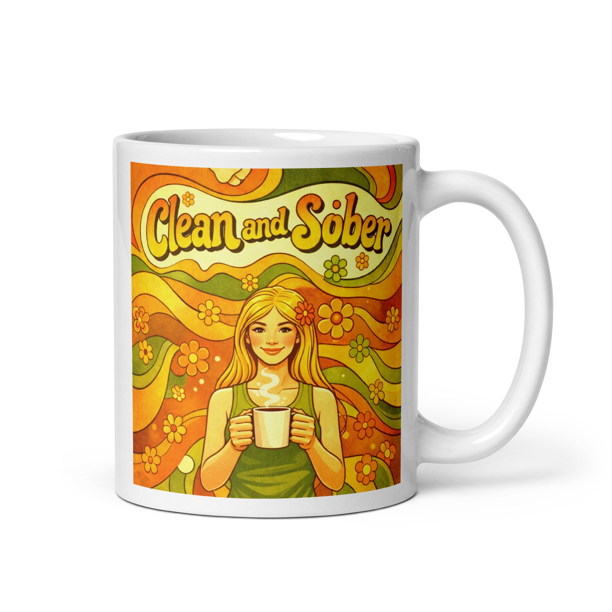 Mug with a design of a woman holding a coffee cup and the text 'Clean and Sober' on a white background.