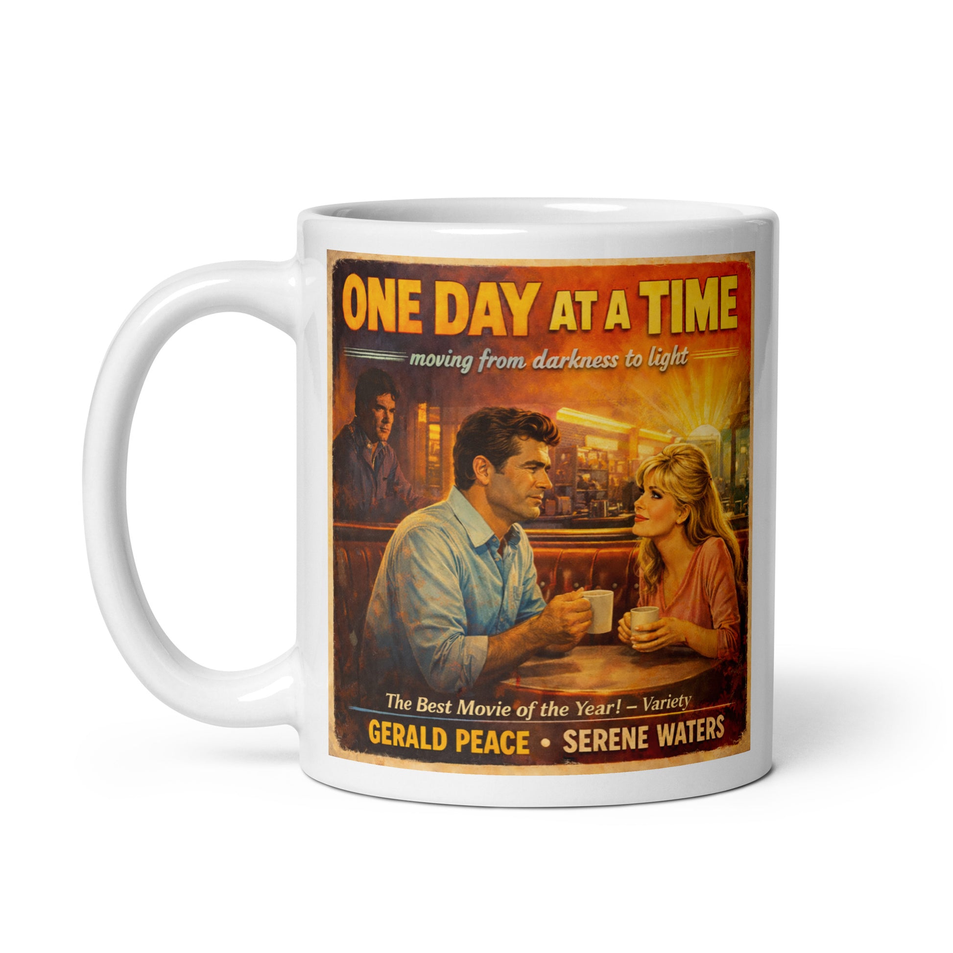 Vintage 70s-style recovery movie poster illustration featuring a couple sharing coffee in a diner beneath the words “One Day at a Time” with warm cinematic lighting and retro textures.