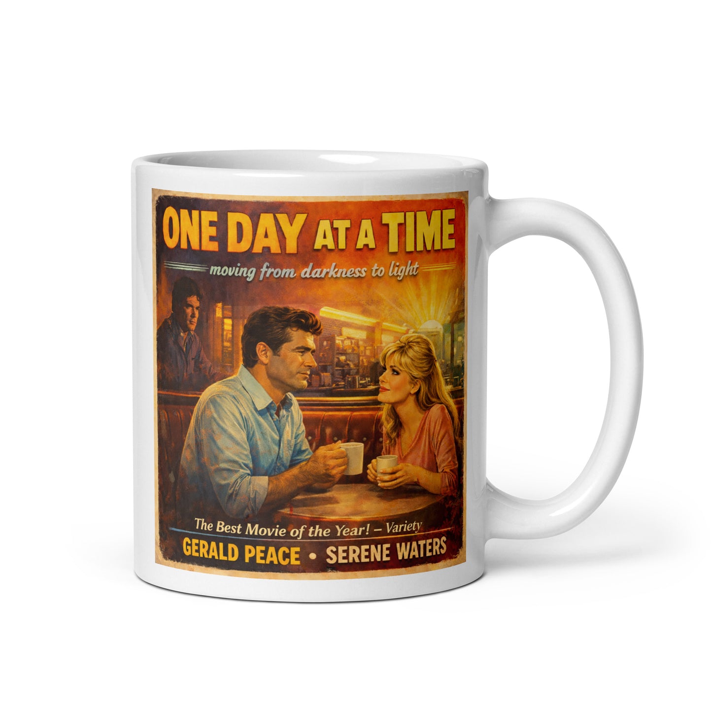 Vintage 70s-style recovery movie poster illustration featuring a man and woman sharing coffee in a diner beneath the words “One Day at a Time” with warm cinematic lighting and retro textures.