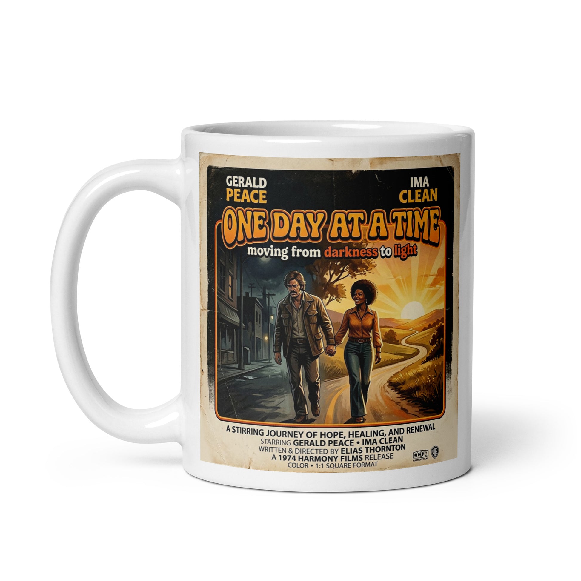 Mug with 'One Day at a Time' movie poster design featuring two people walking together. Starring Gerald Peace.