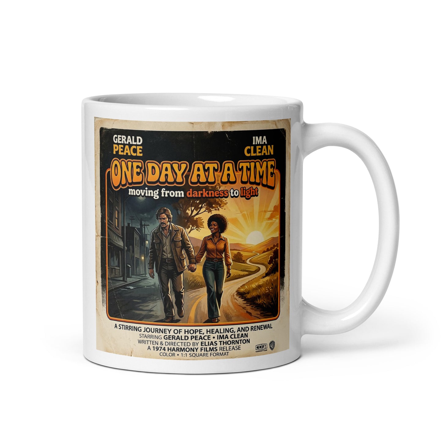 Mug with 'One Day at a Time' movie poster design on a white background