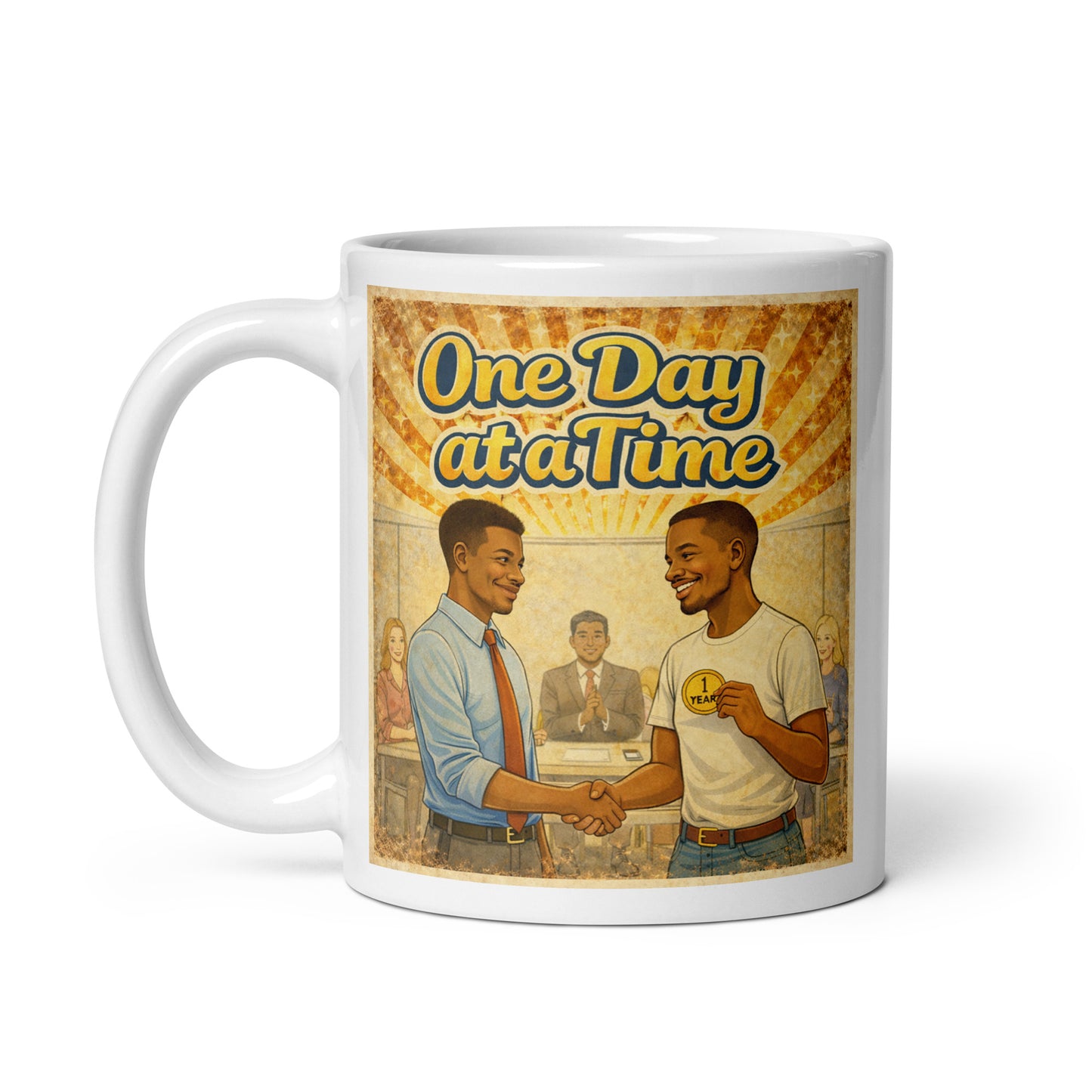 Mug with 'One Day at a Time' graphic design featuring two sober men shaking hands.