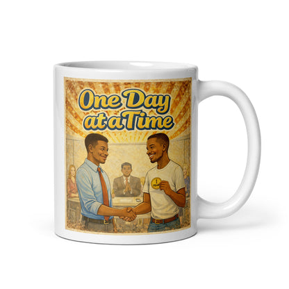 Mug with 'One Day at a Time' graphic featuring two men shaking hands in an office setting.