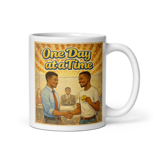Mug with 'One Day at a Time' graphic featuring two men shaking hands in an office setting.