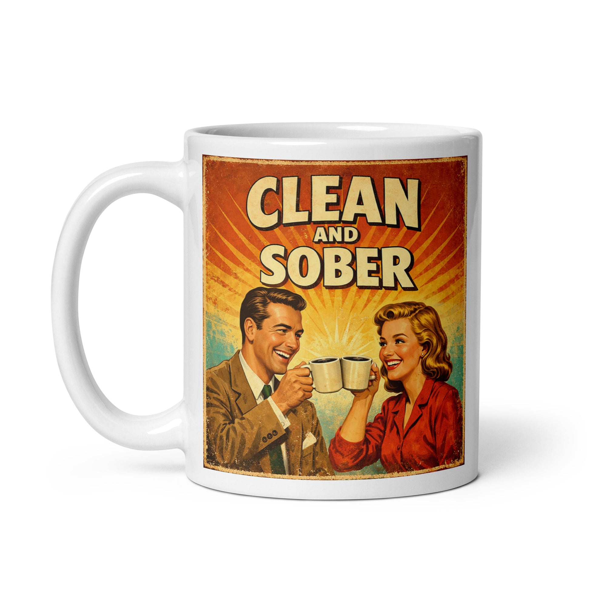 Mug with vintage-style design of a sober man and woman holding coffee cups, featuring the text 'Clean and Sober'.