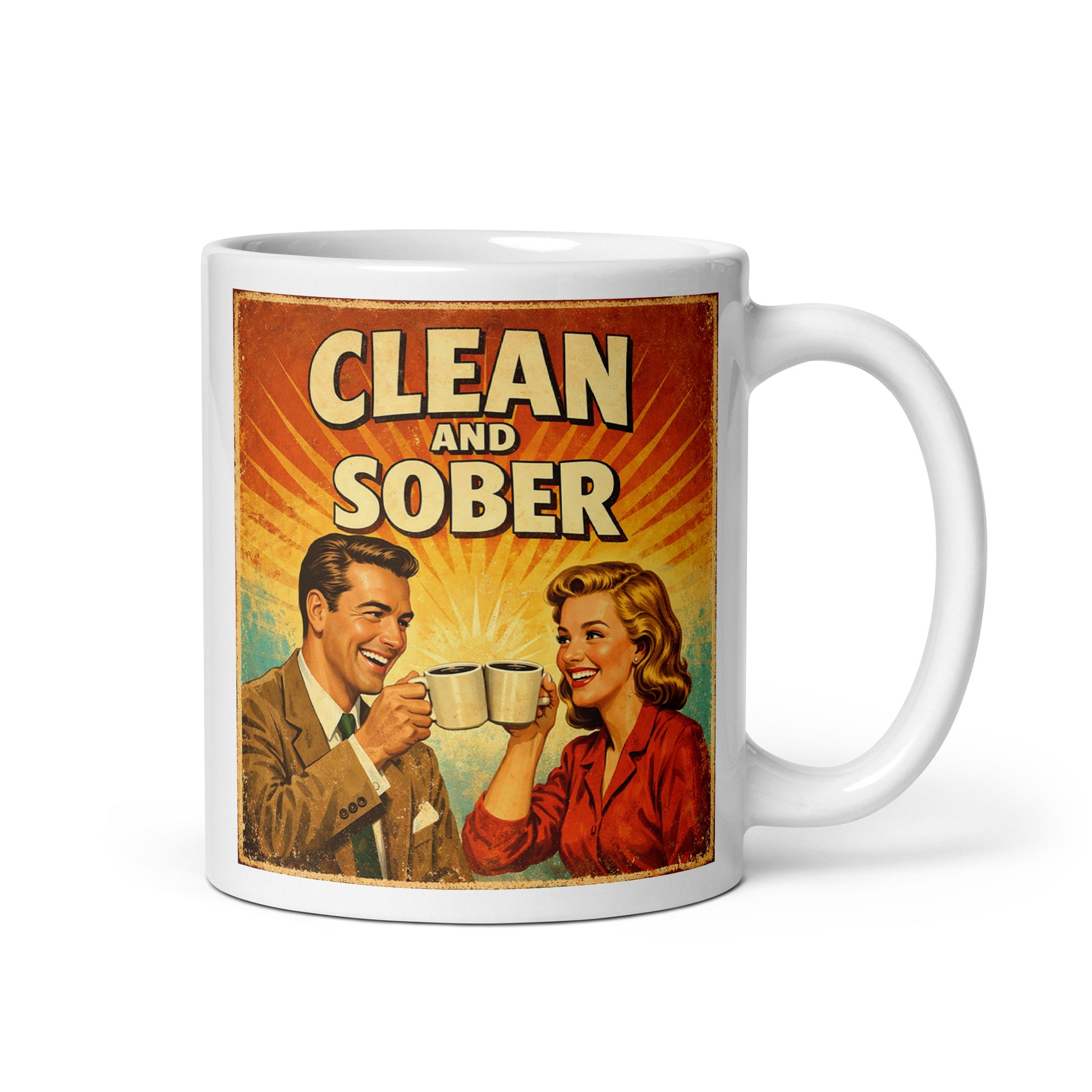 Mug with vintage-style design of a man and woman holding coffee cups, labeled 'Clean and Sober'.