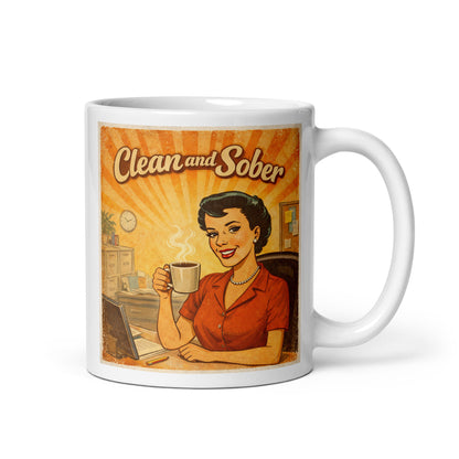 Mug with a retro-style design of a woman holding a coffee cup and the text 'Clean and Sober' on a white background.