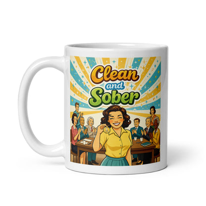 Retro 70s-style Clean and Sober illustration featuring a happy sober woman holding a one-year sobriety medallion while surrounded by applauding friends beneath colorful vintage sunburst graphics.