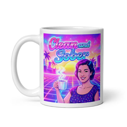 Mug with a retro-themed design featuring a woman holding a coffee cup and the text 'Clean and Sober'. Retro neon color.
