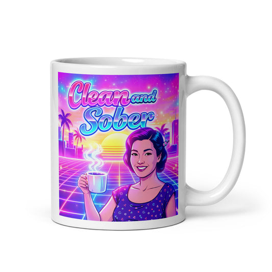 Mug with a retro-themed design featuring a woman holding a coffee cup and the text 'Clean and Sober'.