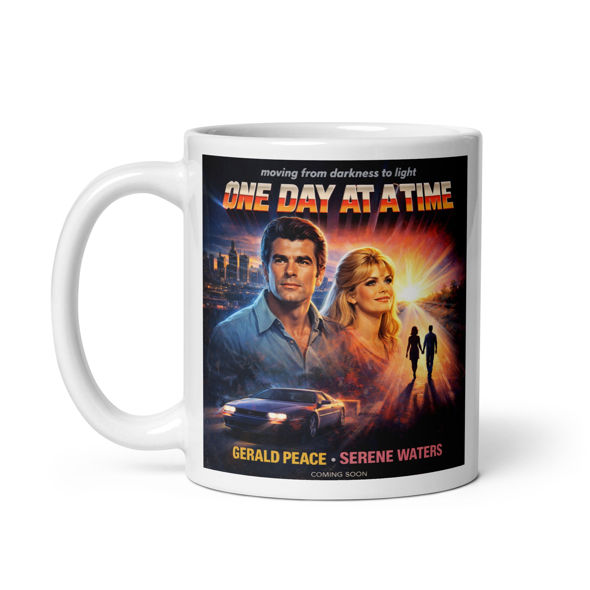 Mug with 'One Day at a Time' movie poster design featuring two people and a car. Starring Gerald Peace.
