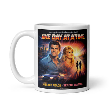 Mug with 'One Day at a Time' movie poster design featuring two people and a car. Starring Gerald Peace.