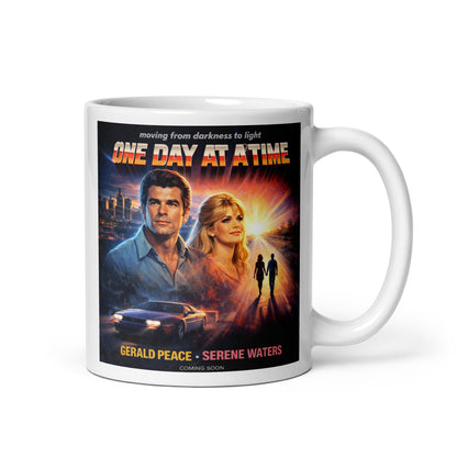 Mug with 'One Day at a Time' movie poster design featuring two people and a car.