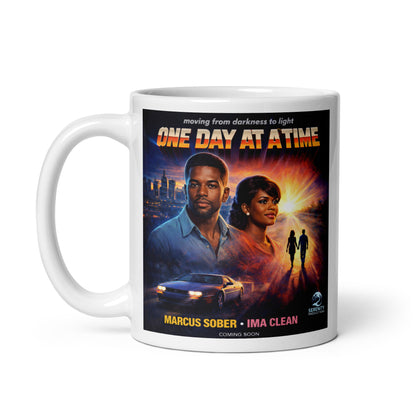 Mug with 'One Day at a Time' movie poster design on a white background. Moving from darkness.