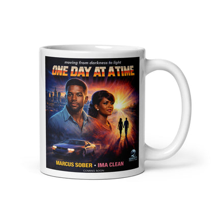 Mug with 'One Day at a Time' movie poster design featuring two characters and text.