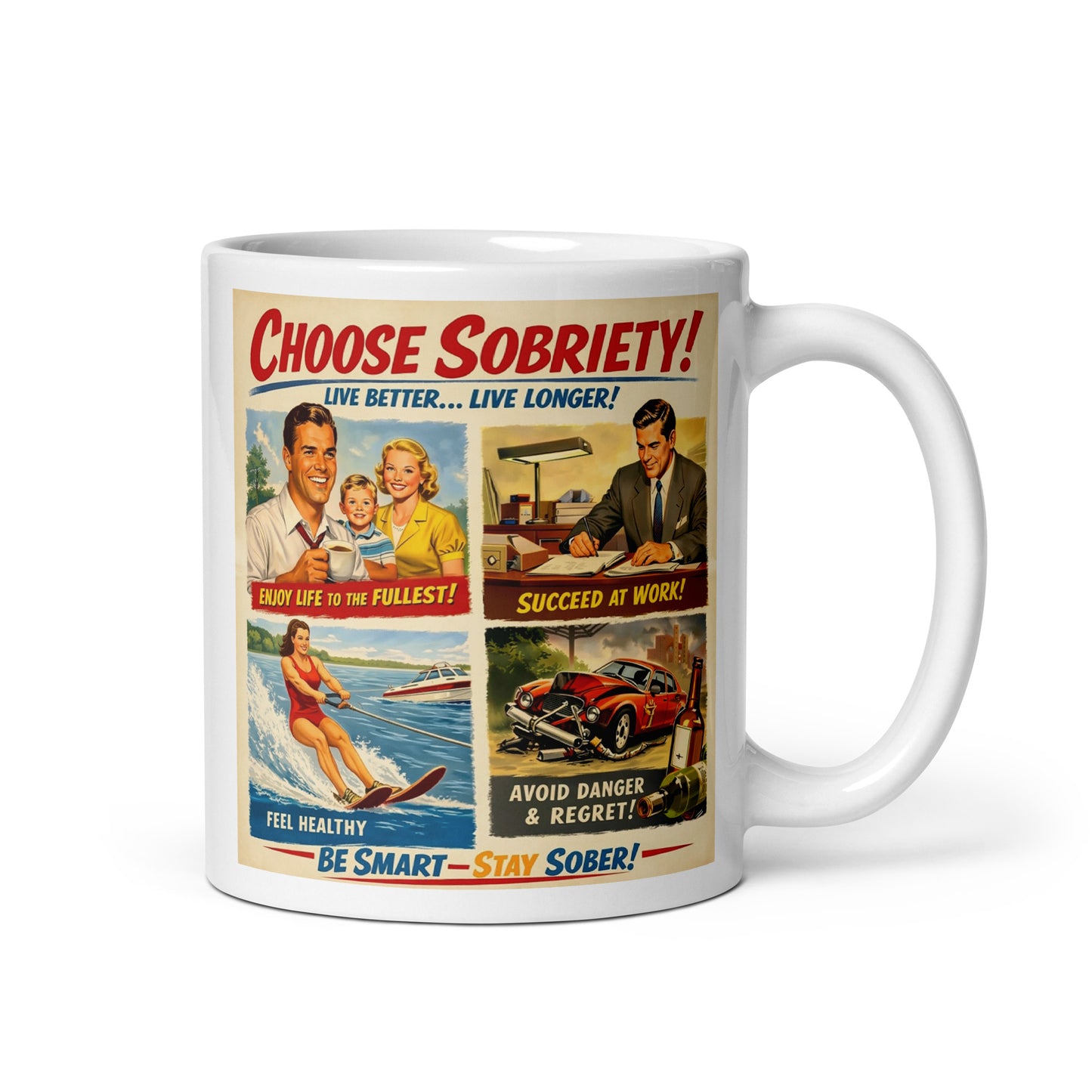 Mug with vintage-style poster design featuring motivational text and images on a white background