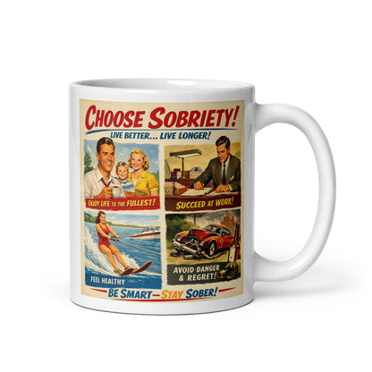 Mug with vintage-style poster design featuring motivational text and images on a white background