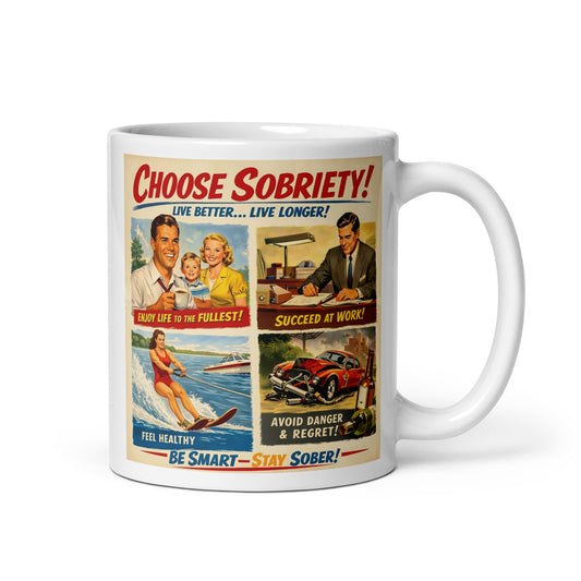 Mug with vintage-style poster design featuring motivational text and images on a white background